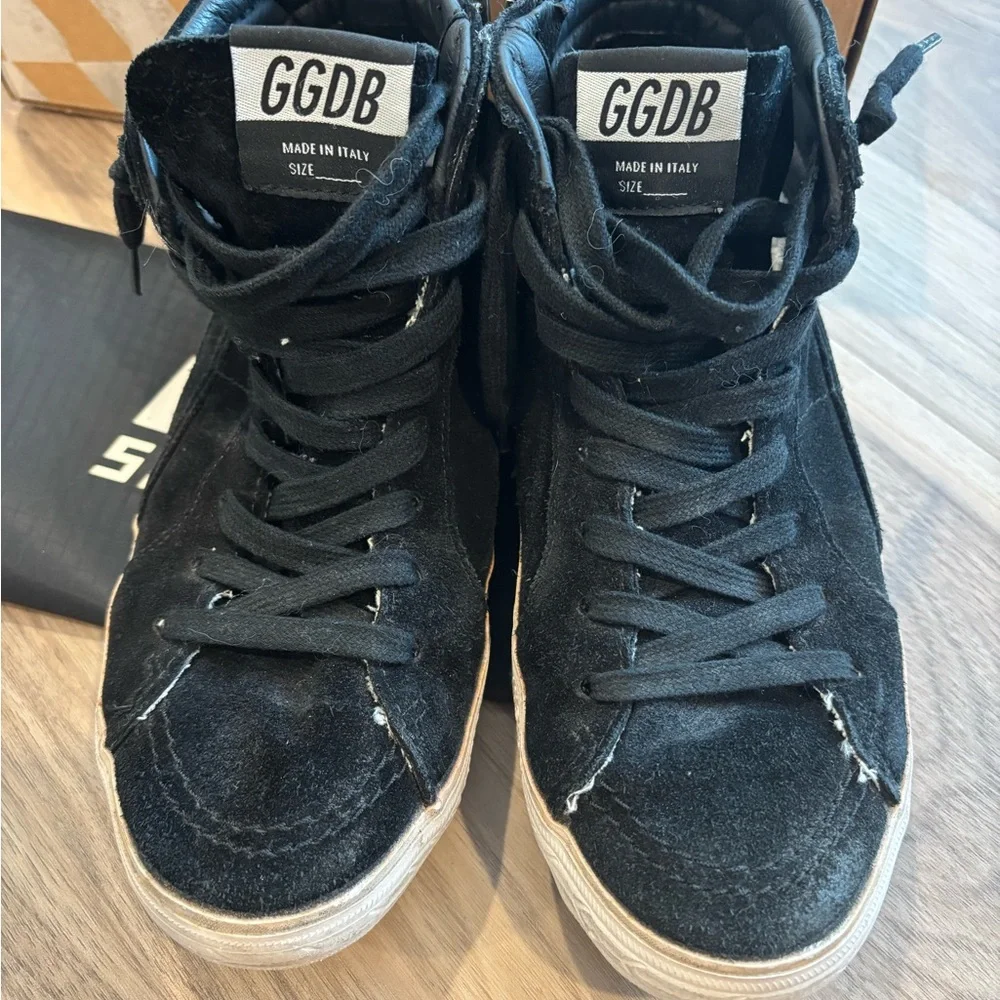 Golden Goose Slide- Black Suede Sneakers Distressed Look Lace-Up - Picture 5 of 9